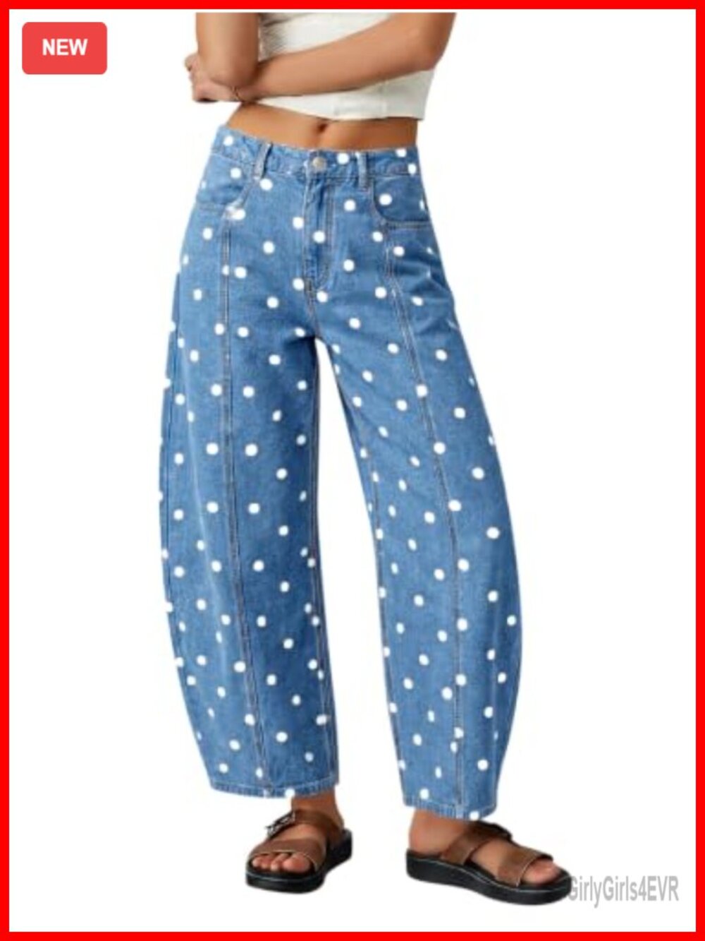 Womens Barrel Jeans High Waisted Wide Leg Polka Dot Denim Ankle Pants